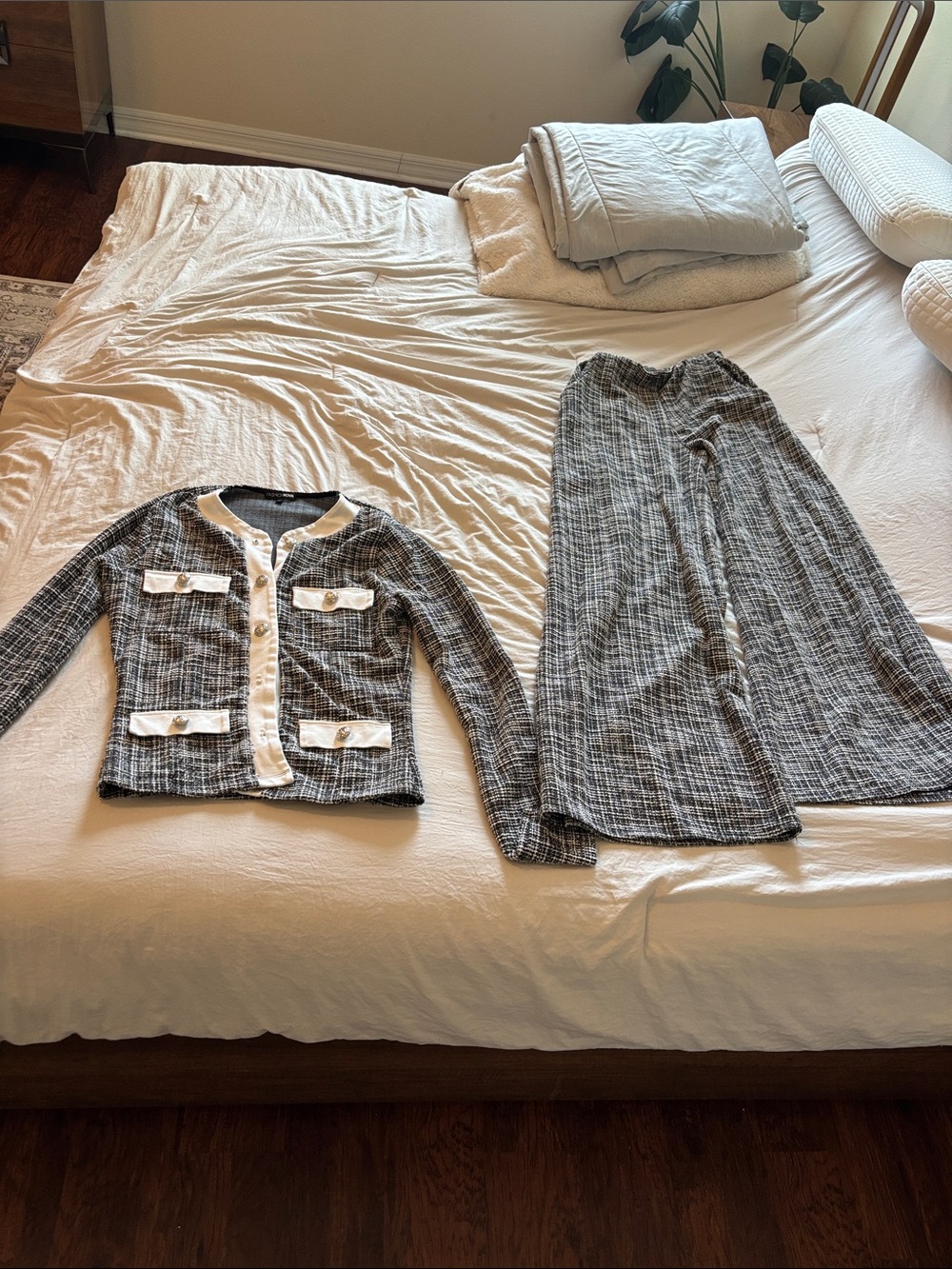Fashion Nova Black and White Plaid work Set with Contrast Trim